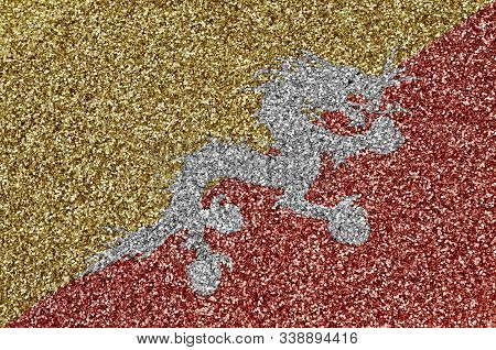 Bhutan Flag Depicted On Many Small Shiny Sequins. Colorful Festival Background For Party