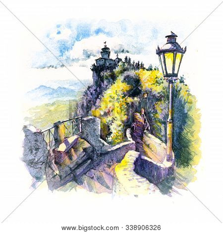 Watercolor Sketch Of Guaita Fortress Or Prima Torre On The Ridge Of Mount Titano, In The City Of San