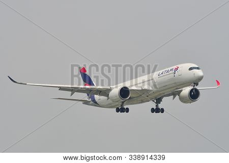 Saigon, Vietnam - May 11, 2019. Latam Brazil Airbus A350-900 (operated By Qatar) Landing At Tan Son 