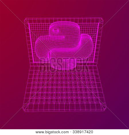 Python Code Language Sign With Notebook Laptop Device. Programming Coding And Developing Concept. Wi