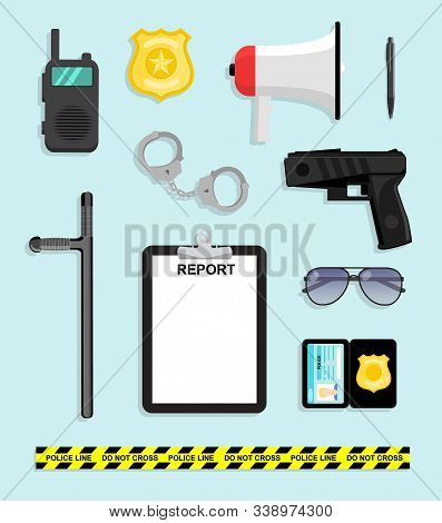 Traditional Police Items Set. Cartoon Stylized Blank For Arrest Warrant Taser Handcuffs Sunglasses A