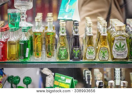 Prague, Czechia - November 3, 2019: Bohemian Style Absinth In A Souvenir Shop Specialized In The Pro