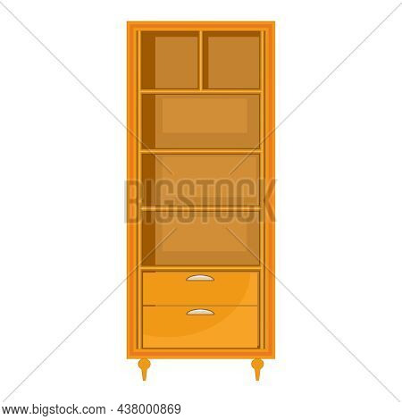 Empty Closet Isolated On White Background. Brown Wardrobe With Shelves And Drawers. Wooden Furniture