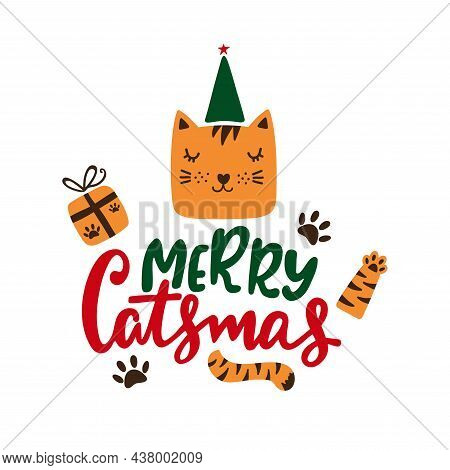Merry Catsmas Lettering Vector Illustration. Christmas Calligraphy Text With Cat Face.