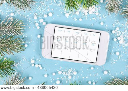 Concept For Cold Winter Temperatures With Snow Showing Mobile Phone With Weather Forecast