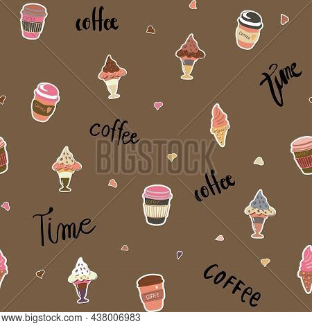Seamless Vector Pattern In Boho Colors With Coffee Time Elements Such As Coffee Cups, Ice Cream, Let