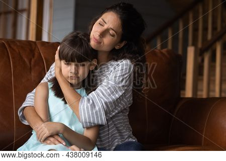 Worried Mother Hugging Sad Offended Kid, Consoling Girl