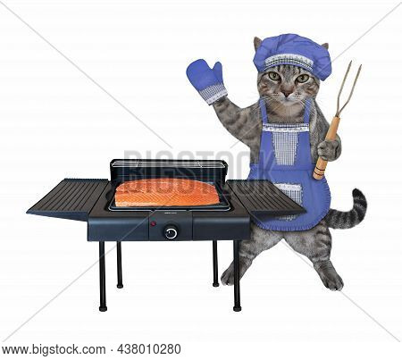 A Gray Cat In A Blue Chef Hat And An Apron With A Barbecue Fork Cooks Salmon On An Electric Grill. W