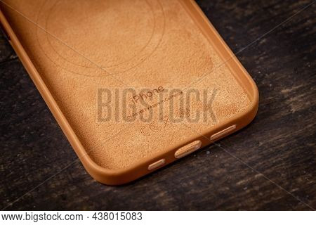 Antalya, Turkey - October 28, 2021: Newly Designed Golden Brown Magsafe Leather Case For Apple Iphon