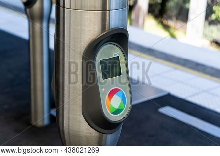 Sydney, Australia -2021-10-17 Opal Card Scanner At Miranda Train Station. New South Wales Transport 