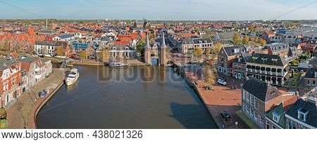 Aerial panorama from the historical city Sneek with the Water gate in Friesland the Netherlands