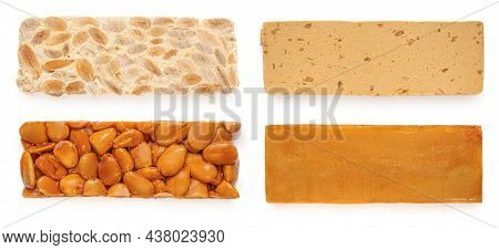 Collection Of Turron Nougat - Traditional Spanish Almond Dessert Isolated On White Background. Chris