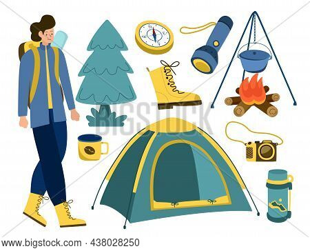 Bundle Hiking. A Man With A Backpack Is Going On A Hike, A Campfire, A Tent, A Flashlight, A Compass