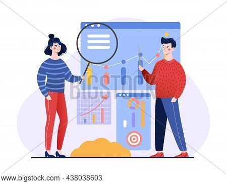 Business Model Concept. Man And Woman Analyze Company Statistics And Develop Strategies For Achievin