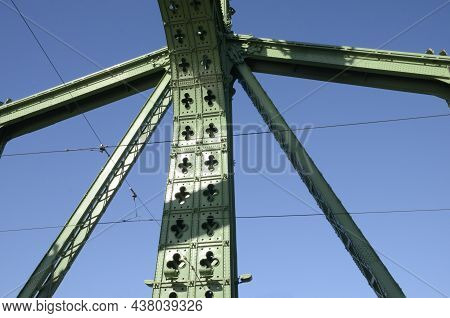 Detail Iron Green Structure Of The Freedom Bridge In Budapest, Hungary, Thats Connects The Buda And 
