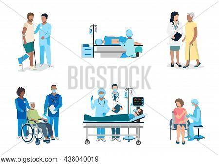 Set Vector Illustration Doctor And Patient Isolated On White Background. The Doctor And The Nurse Ar