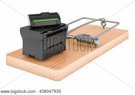 Multifunction Laser Printer Mfp Inside Mousetrap, 3d Rendering Isolated On White Background