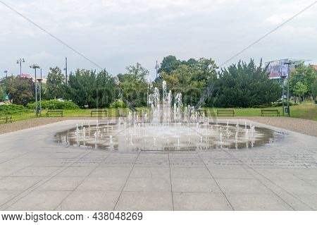 Torun, Poland - July 26, 2021: Cosmopolis Fountain In City Center Of Torun.