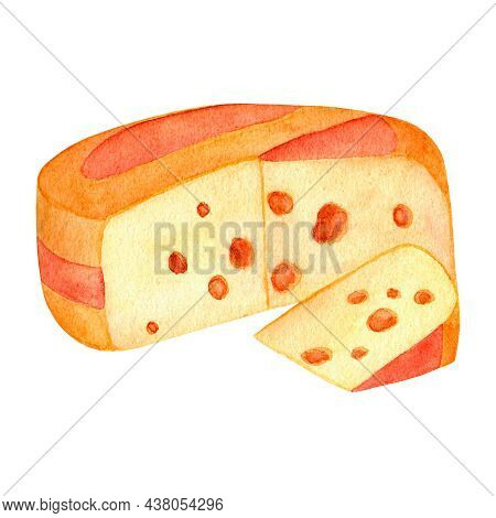 A Cheese Head And A Cut Piece Of Yellow Cheese. Cheese With Holes. Watercolor Illustration, Isolated