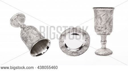 Silver Kiddush Wine Cup And Saucer Isolated On White Background