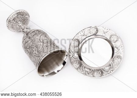 Silver Kiddush Wine Cup And Saucer Isolated On White Background.