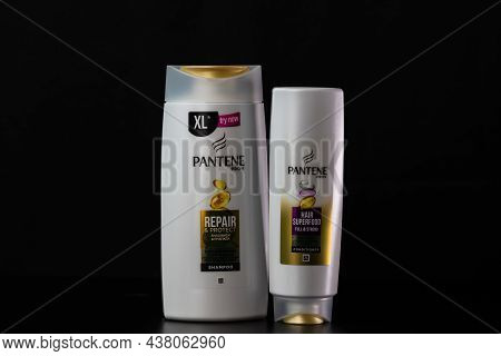Pantene For Women, Products For Washing Hair Isolated On Black Background. Bucharest, Romania, 2021
