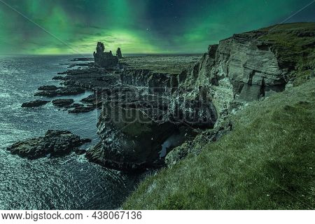 Landscape Of Snaefellsnes Peninsula In A Night With A Beautiful Northern Lights. Iceland