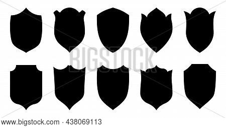 Shield Black Stamp Flat Icon Set. Vector Security Blank Label Coat Of Arms Armor Logo. Guarantee Sig