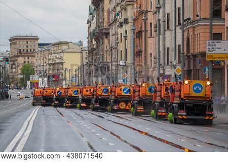 Moscow, Russia - May 9, 2021: A Column Of Sweeper Cars After The May 9 Parade In Moscow. The Street 