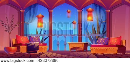 Arabic Living Room Interior, Middle East Hotel Or Palace Oriental Design With Furniture, Balcony And