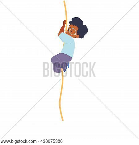 Climbing Up The Rope Kid. Black Kid With Afro Wearing Glasses Is Scared On The Climbing Rope Vector 