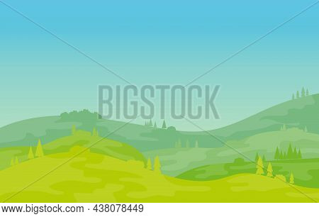 Natural Landscape At Sunrise. Natural Landscape With Trees And Hills Against A Blue Sky. Cartoon Ill