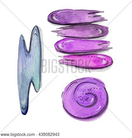 Watercolor Set Makeup Purple, Violet And Gray Smear On White Background. Fashion Illustration