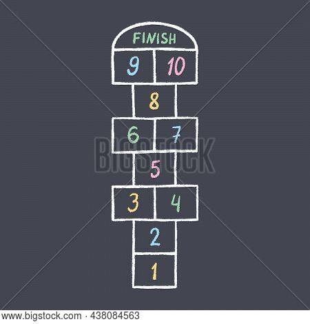 Hopscotch Kid Activity Game. Hopscotch With Color Numbers Drawn In Chalk On Asphalt. Outdoor Summer 