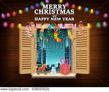 Merry Chrismas Window, Night, Decoraions Garland Retro, View From The Window To The Night Cityscape,
