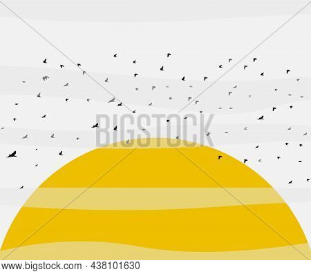 A Flock Of Birds Circling At The Sunrise. Vector Illustration.