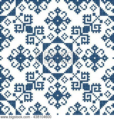 Bosnia And Herzegovian's Traditional Retro Vector Folk Art Seamless Pattern - Zmijanje Cross-stitch 