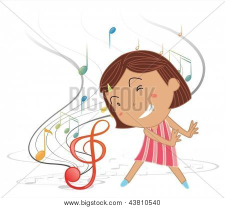 Illustratie van een klein meisje dansen met muzikale noten op een witte achtergrond