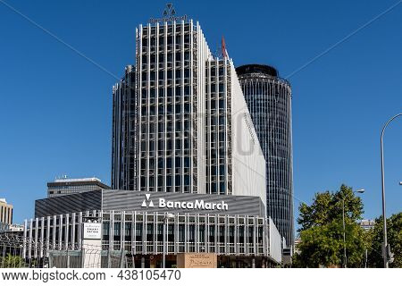Madrid, Spain - September 12, 2021: Banca March Building And Skyscrapers In Azca Financial District 