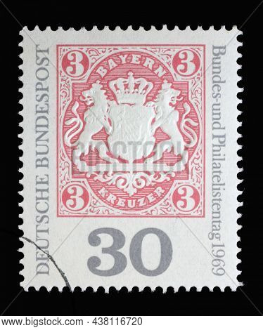 ZAGREB, CROATIA - JUNE 27, 2014: Stamp printed in Germany shows Bayern stamp 3kr, Philatelist day, German Philatelic Federation Congress and Exhibition in Garmisch, circa 1969
