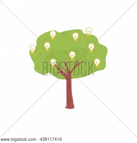 Vector Cartoon Flat Full Grown Tree With Idea Bulbs Symbols Isolated On Empty Background-social Medi