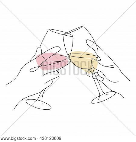 Two Hands Cheering With Glasses Of Wine Champagne. Vector Illustration.