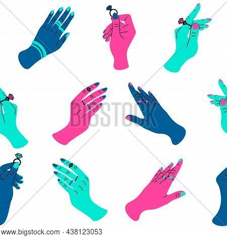 Hands With Rings Pattern. Seamless Print With Women Arms And Wedding Rings. Vector Fashion Elegant J