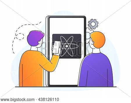 React Mobile App Concept. Young Men Stand Next To Large Smartphone And Develop New One Page Program.