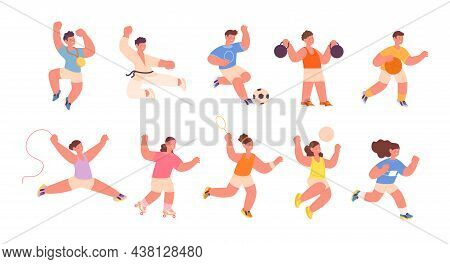 Children Workout. Kid Sport, Wellness And Physical Health. Child Fitness Athlete. Isolated Cartoon K