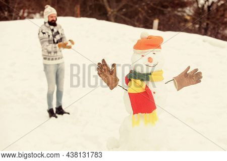 Christmas Holidays. Active Lifestyle. Snow Games. Leisure On Fresh Air. Snowman And Cheerful Bearded