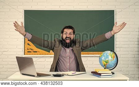 Learning The Subject. Happy Man With Beard Work On Computer. Studying Online. Informal Education. Ma