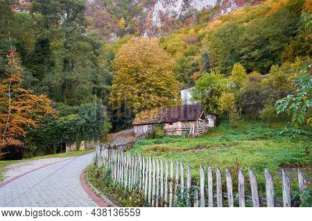 Green valley nature landscape.Countryside autumn nature landscape. Autumn in mountain nature landscape. Farm house and mountains landscape nature. Countryside landscape. Beauty in countryside nature. Landscape. Countryside. Valley nature.