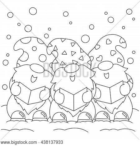 The Dwarfs Are Singing Christmas Carols. Coloring Book Page For Kids. Cartoon Style Character. Vecto