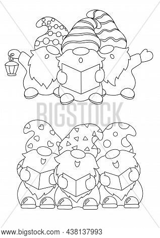 The Dwarfs Are Singing Christmas Carols. Coloring Book Page For Kids. Cartoon Style Character. Vecto